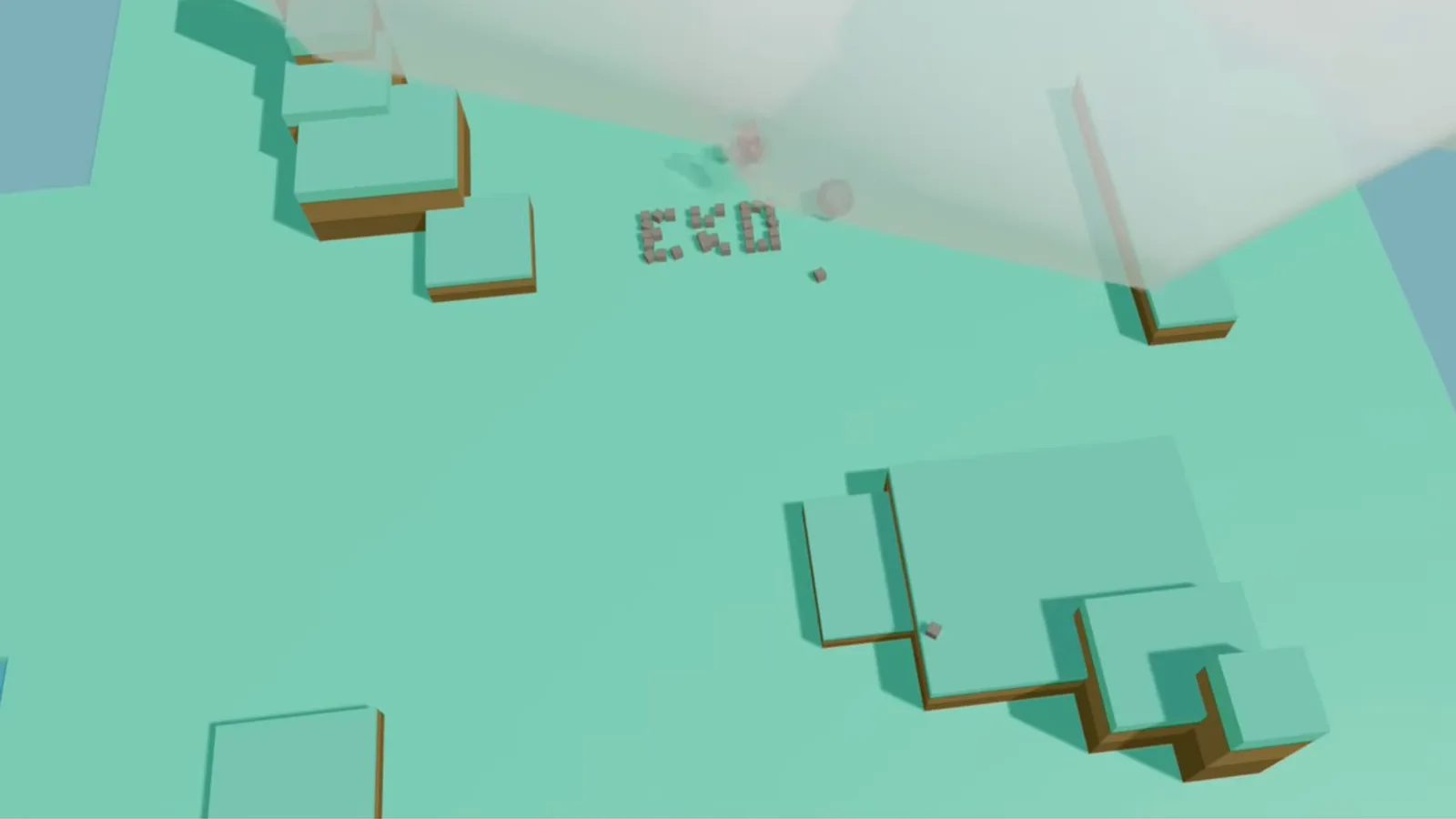 A 3D render of a teal, low-poly landscape seen from above
