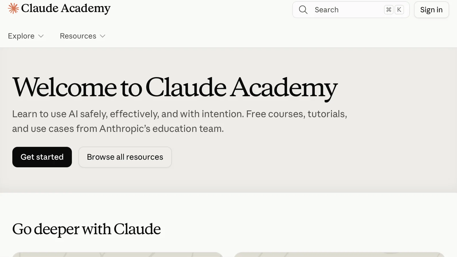 Screenshot of Claude Academy homepage, with a ‘Welcome to Claude Academy’ heading
