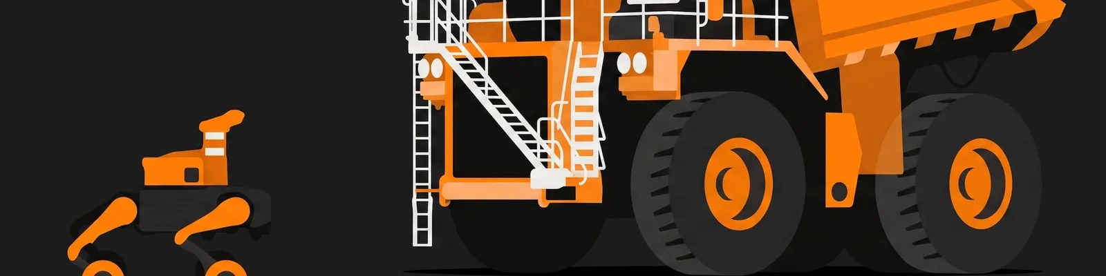 A flat vector illustration of a quadruped robot and a construction site truck