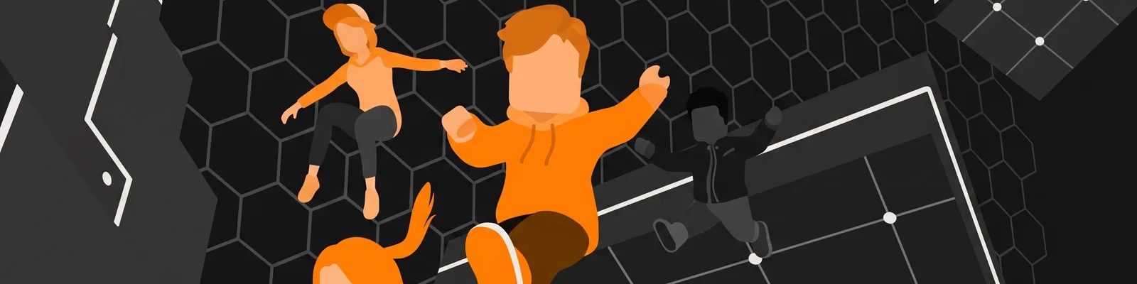 A flat vector illustration of video game characters jumping in space