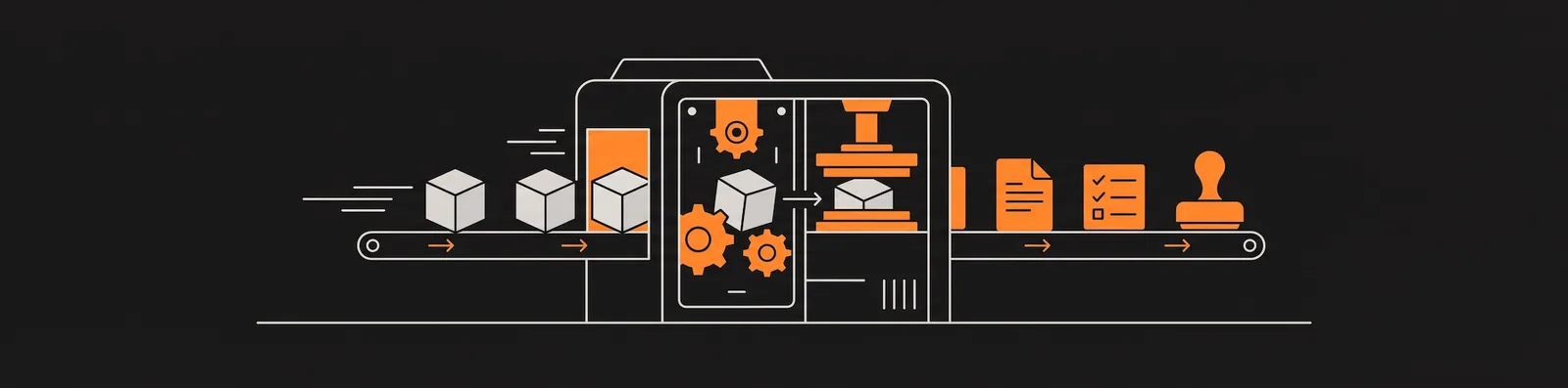 A flat vector illustration of a machine in elevation, turning input cubes into custom documents