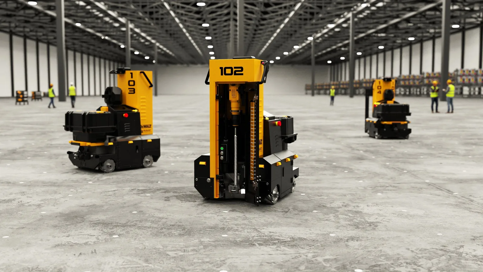 Three yellow and black DEWALT-branded warehouse robots, numbered 102, 103 and 104, stand on a concrete floor in a large, empty warehouse