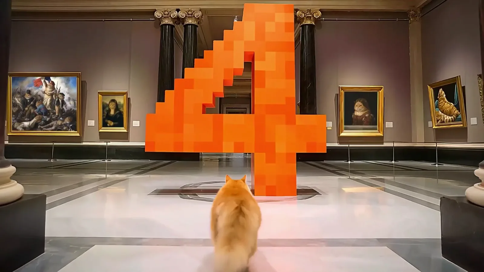 An orange overweight ginger cat, seen from behind, walks across the polished floor of a grand museum gallery. Ahead of it stands a towering orange pixelated sculpture shaped like the number 4