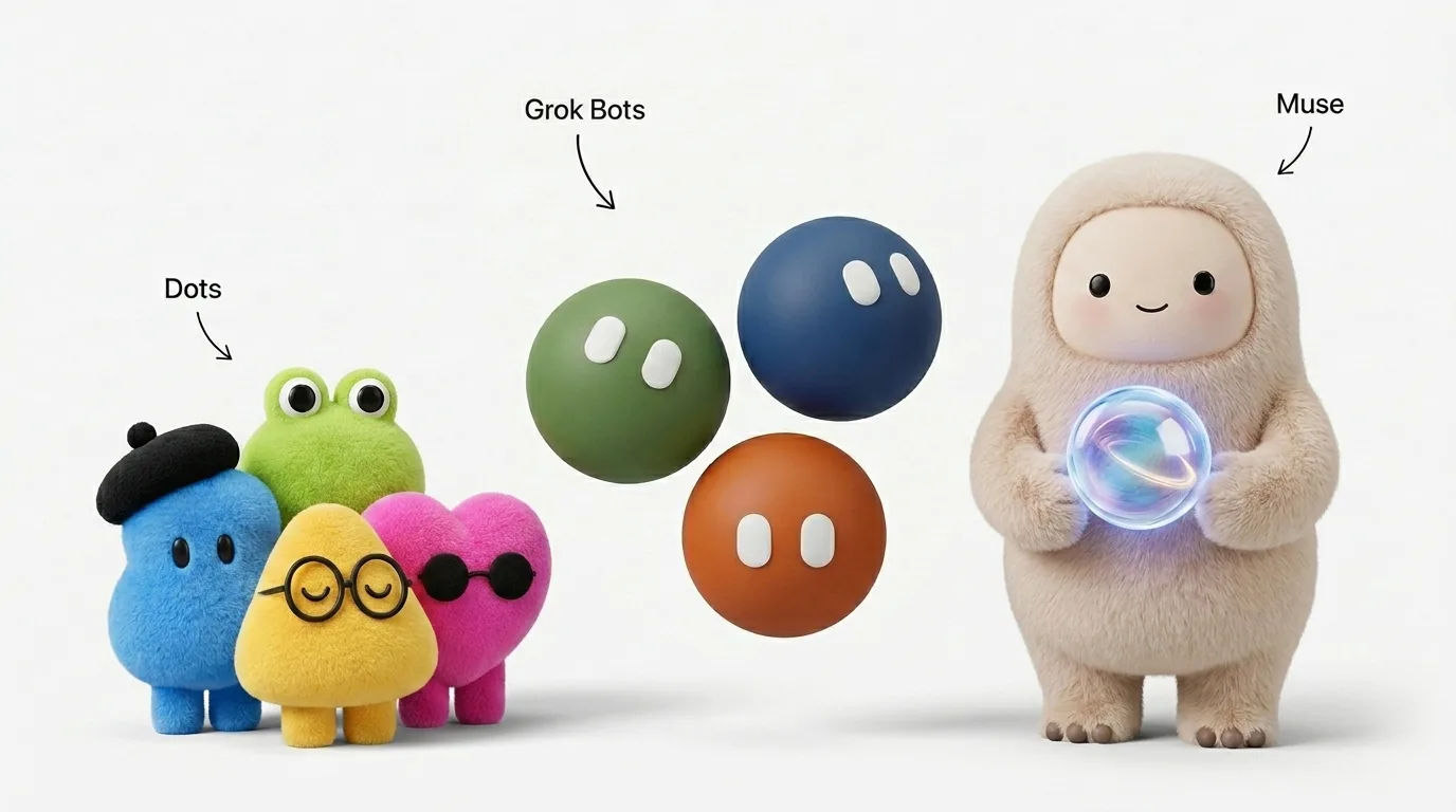 Three groups of soft, rounded 3D characters on a plain white background, each with a label and arrow (Dots, Grok Bots and Muse)