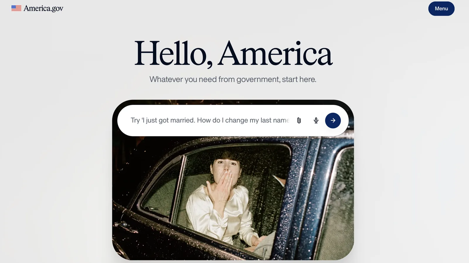 Screenshot of america.gov website. Hello, America is written as the headline, with a chatbox to enter text, and a background image