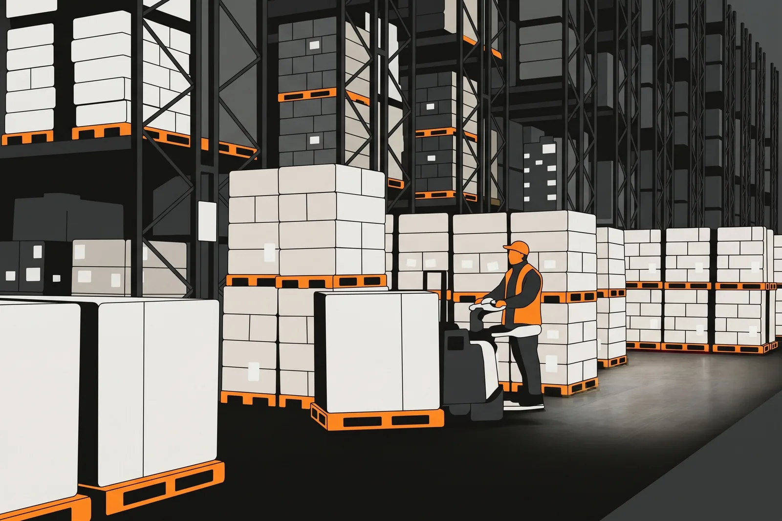 A flat vector illustration of an employee inside a logistics warehouse, with inventory
