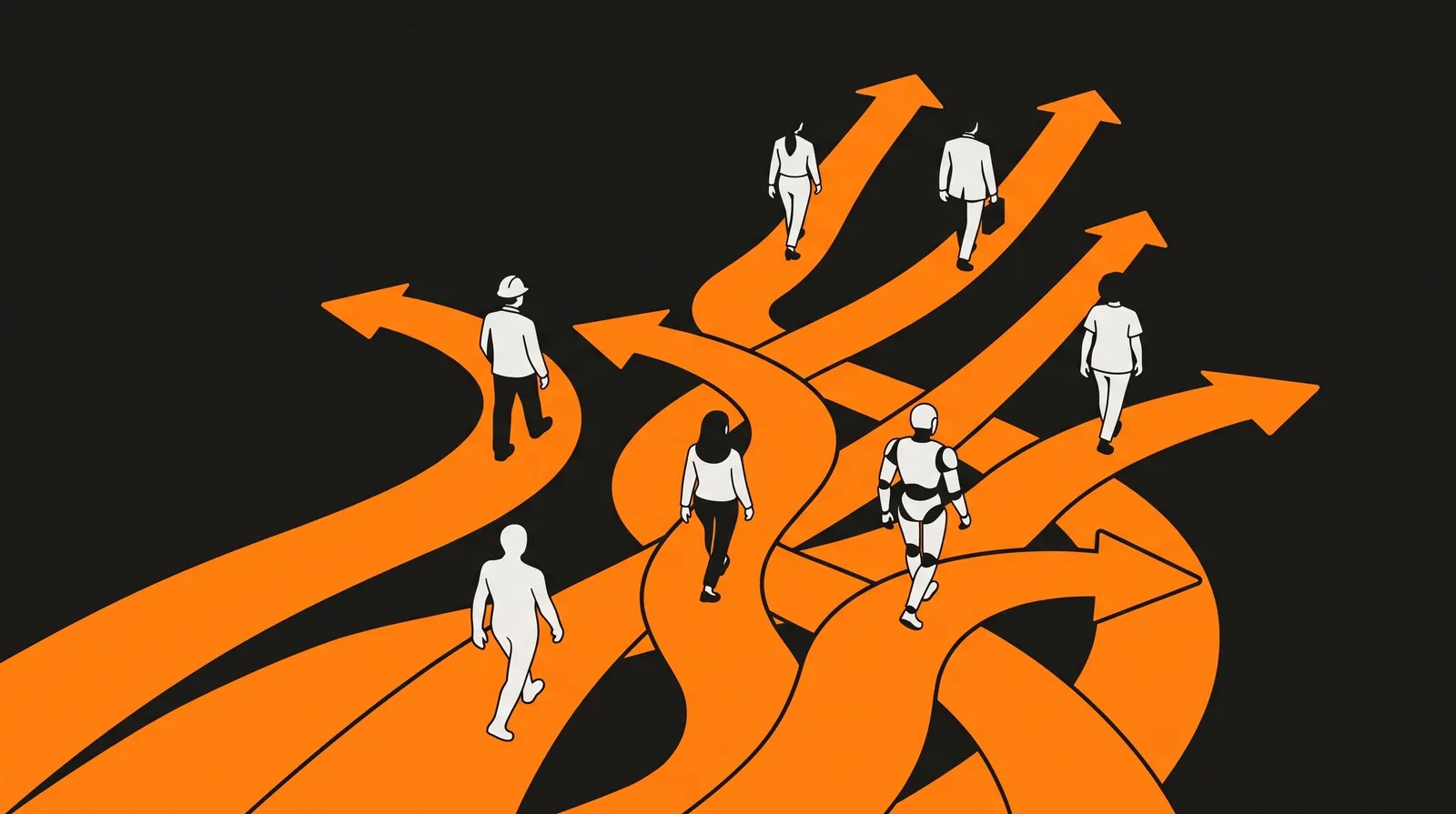 A flat vector illustration with multiple arrow paths and people walking on them