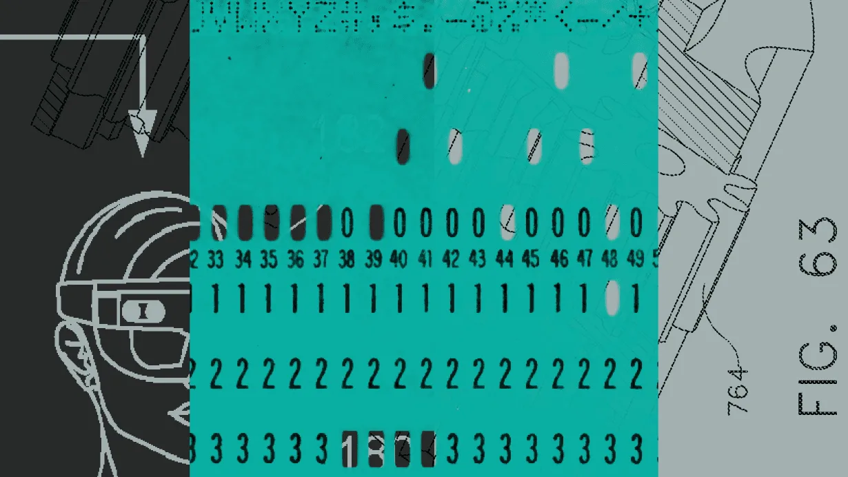 A collage containing technical drawings, a computer punchcard, and annotations