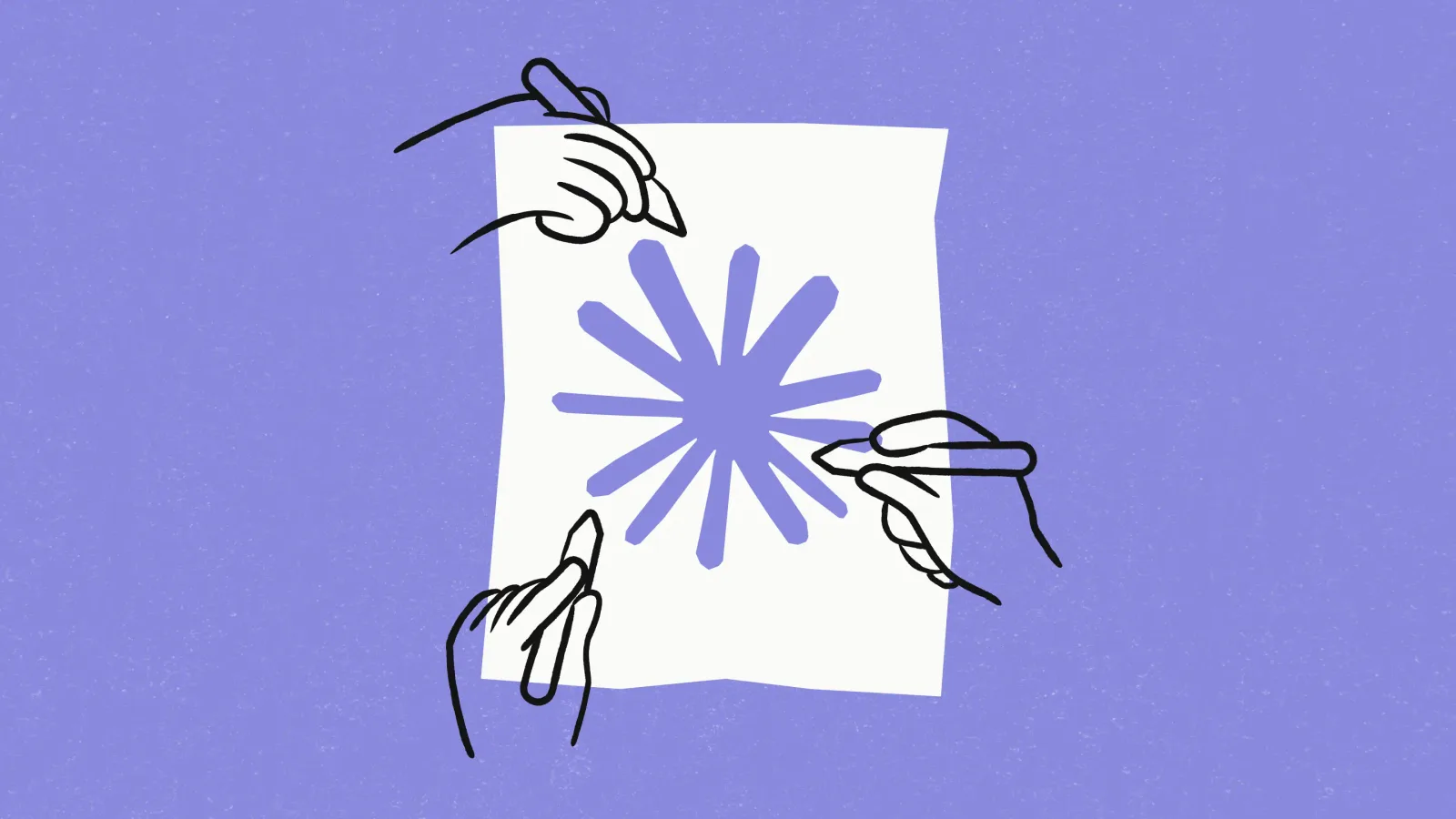 A paper with a cutout in the shape of Anthropic’s logo, with three hands holding a pencil 