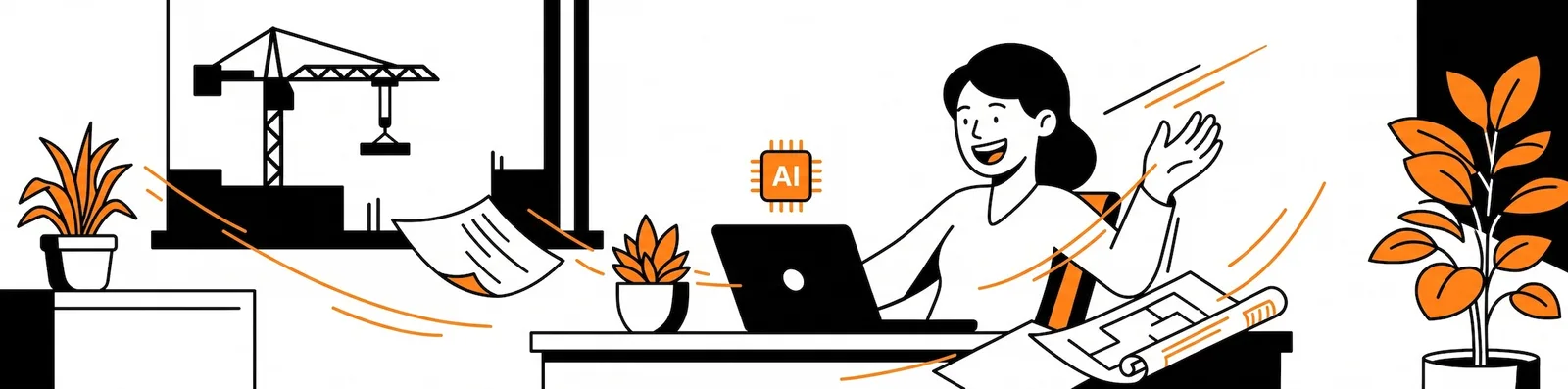 Illustration of a woman smiling and working at a laptop with an AI chip icon above it, blueprints on the desk beside her, and a construction crane visible through a window in the background