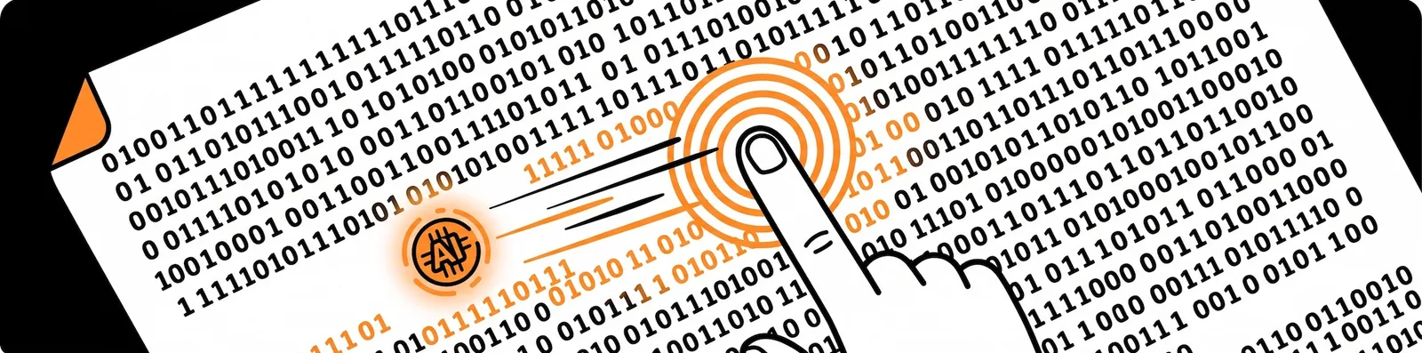 Illustration of a hand touching a page covered in binary code, with an AI chip icon and orange rings radiating out from the point of contact, symbolizing an interaction between a human and a data or AI system