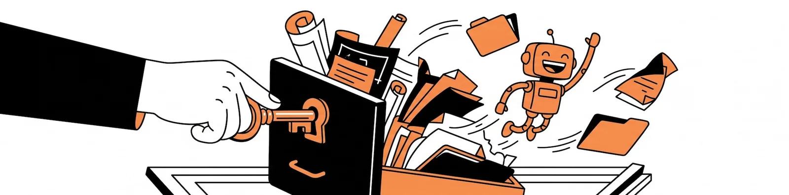 Illustration of a hand unlocking a box with a key, releasing a cheerful robot, folders, and documents that burst out into the air