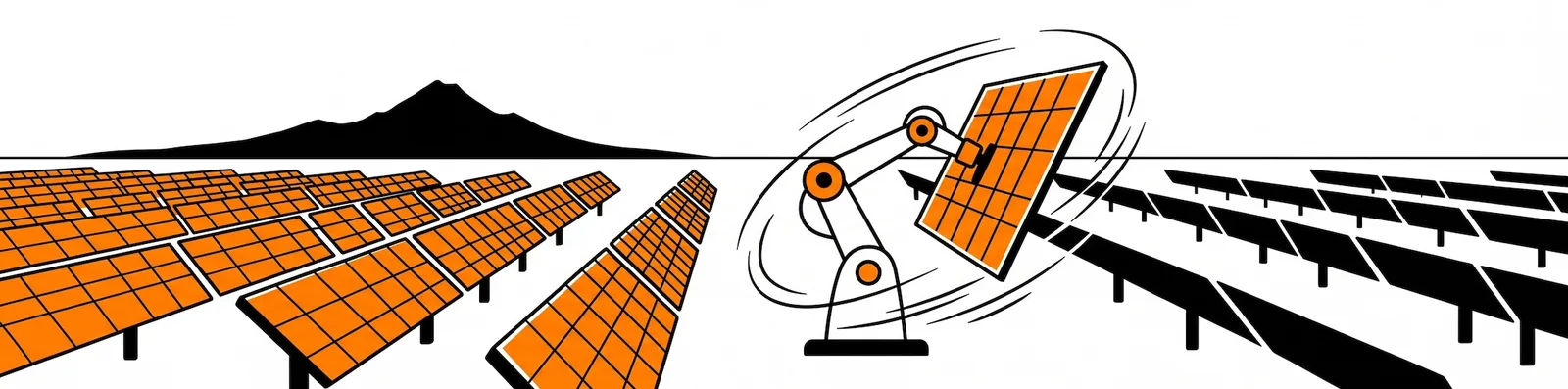 Illustration of a robotic arm installing or adjusting a solar panel within a large solar farm, with mountains in the background