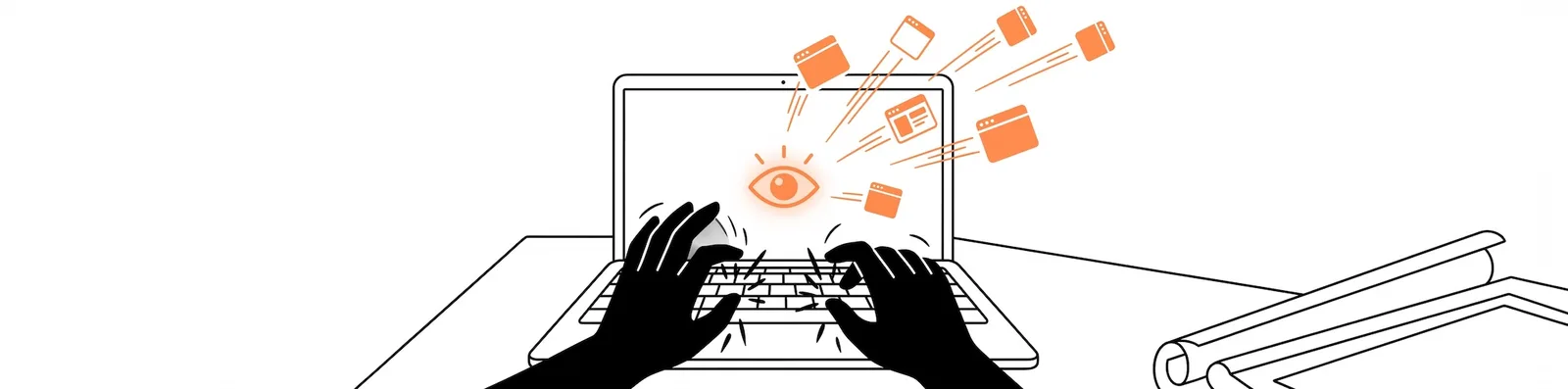Illustration of hands typing rapidly on a laptop, with a glowing eye and multiple browser window icons flying out of the screen, suggesting fast, multi-tab browsing or an AI monitoring activity