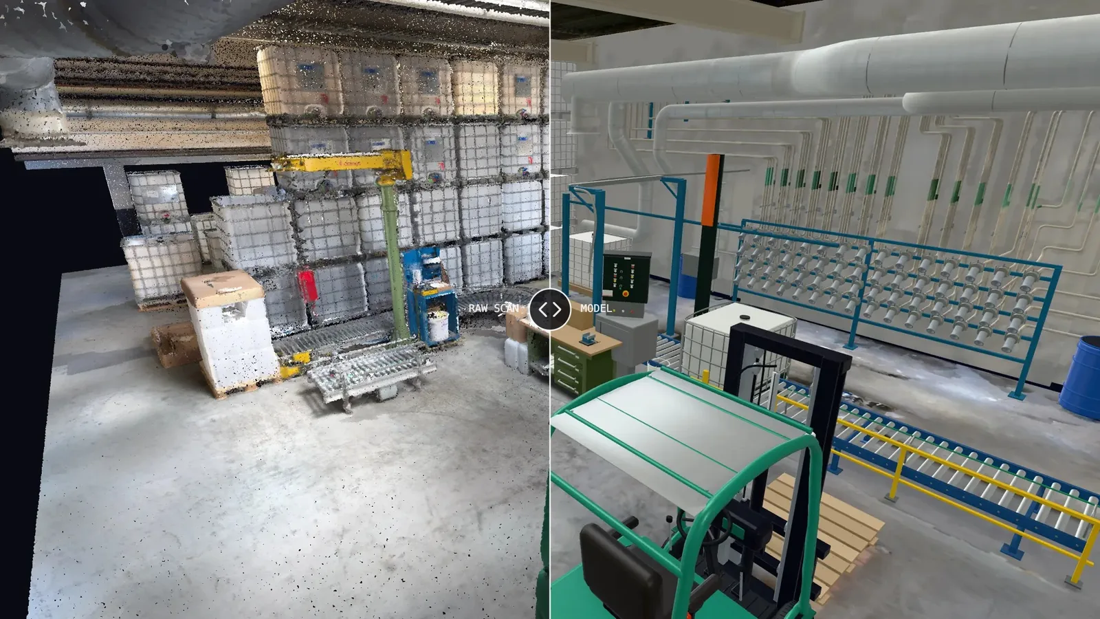 Split view comparing a raw point-cloud scan of an industrial storage room with its clean 3D model, which shows a green forklift, pipes, and conveyors.