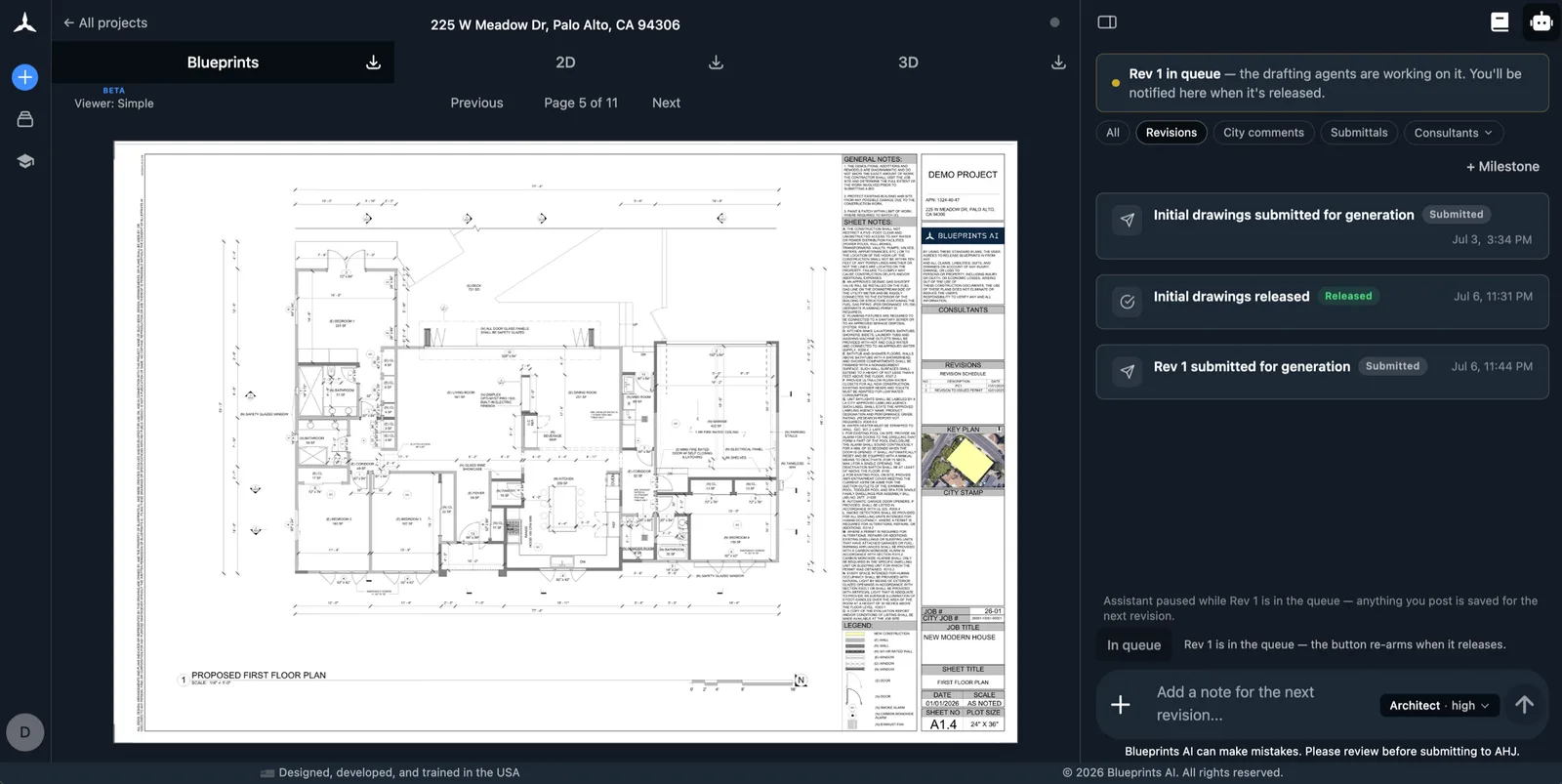 Blueprints AI app screenshot of an architectural sheet, a proposed first-floor plan for a Palo Alto house, with a sidebar showing revision status