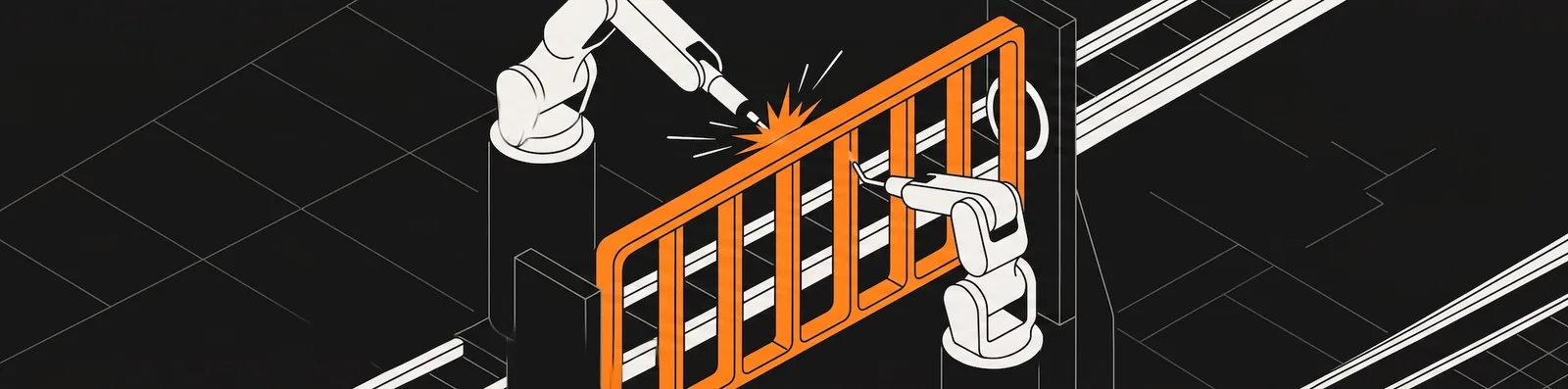 Isometric illustration of two robotic arms welding an orange metal railing structure on a dark grid background, with sparks flying from the weld point.