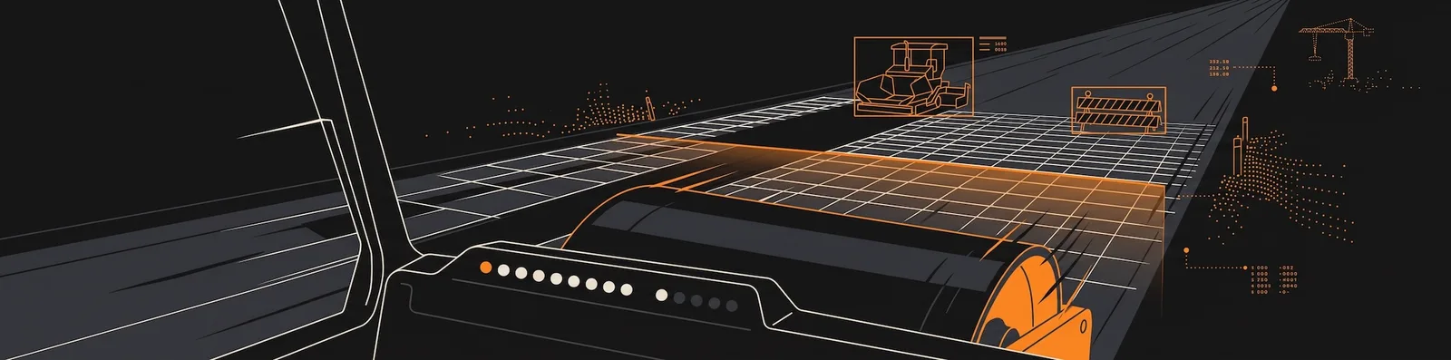 Digital illustration of an autonomous road roller paving a street at night, overlaid with orange AI tracking grids, data readouts, and outlined markers identifying nearby construction vehicles and a crane