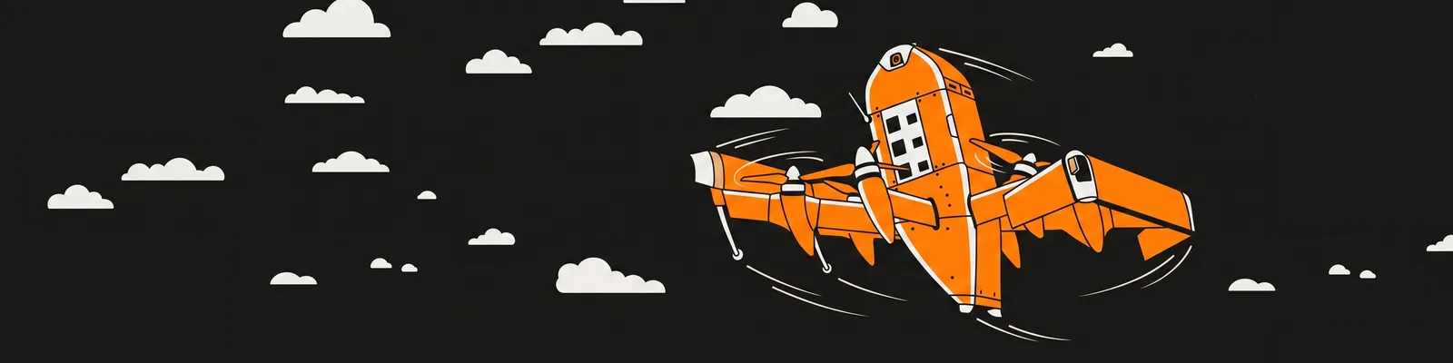 Illustration of an orange and white robotic drone or flying machine soaring through a dark sky dotted with white clouds