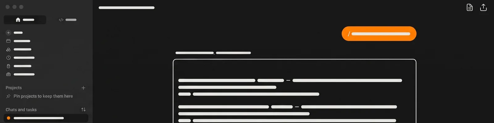 Mockup of a dark-mode chat application interface with a sidebar of navigation icons and project links, a text box, and an orange search or command bar in the upper right — all placeholder text shown as blank bars 